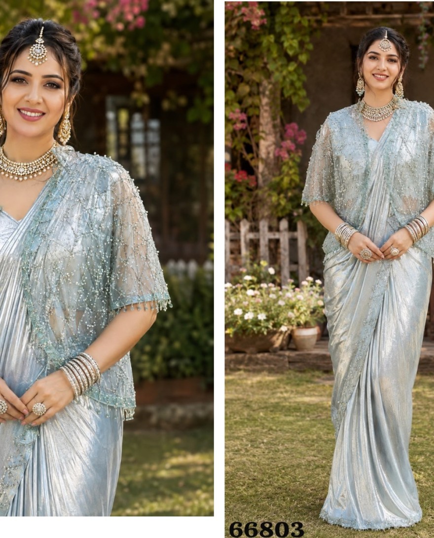 BLUE - Aqua Blue Fancy Fabric Embroidered Work Contemporary Saree